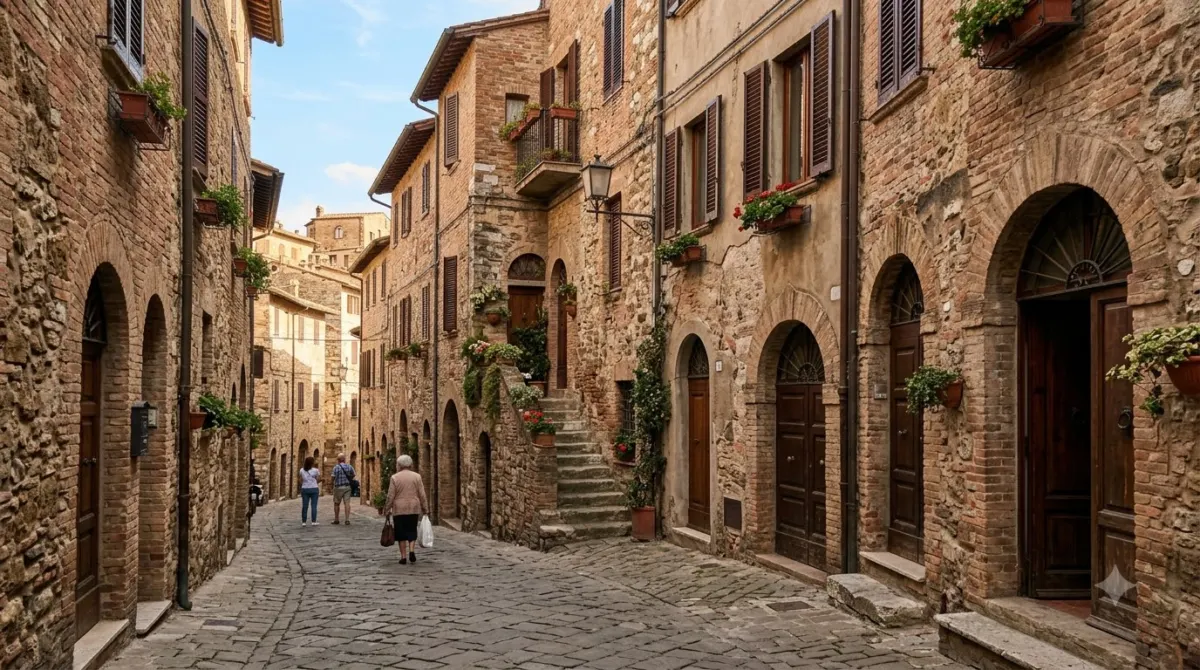 A narrow medieval street of brick and stone buildings with arched doorways in Siena