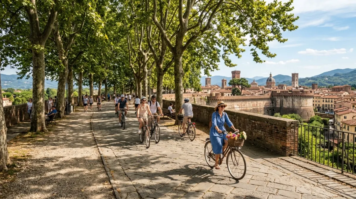 A tree-lined path along the top of the Renaissance city walls of Lucca with cyclists