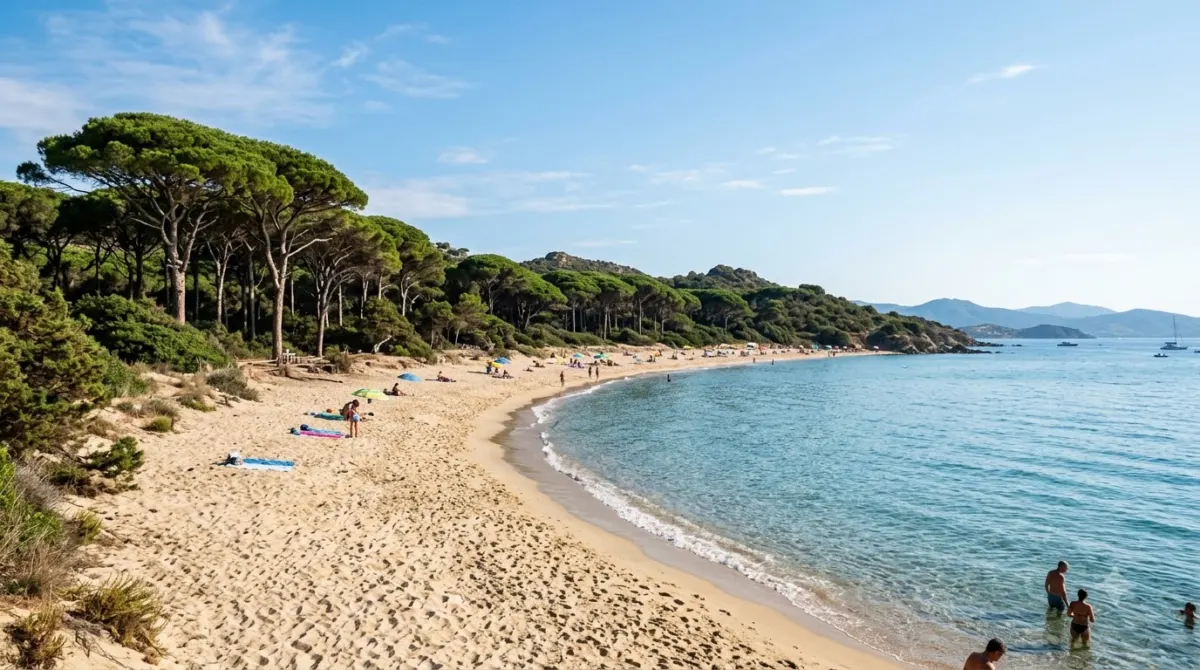 A sandy beach backed by umbrella pine trees on the Tuscan coast