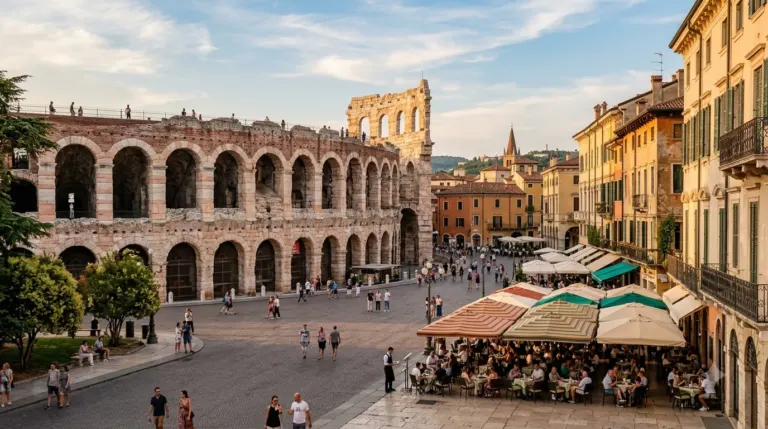 The Roman arena of Verona on the edge of Piazza Bra with cafe umbrellas