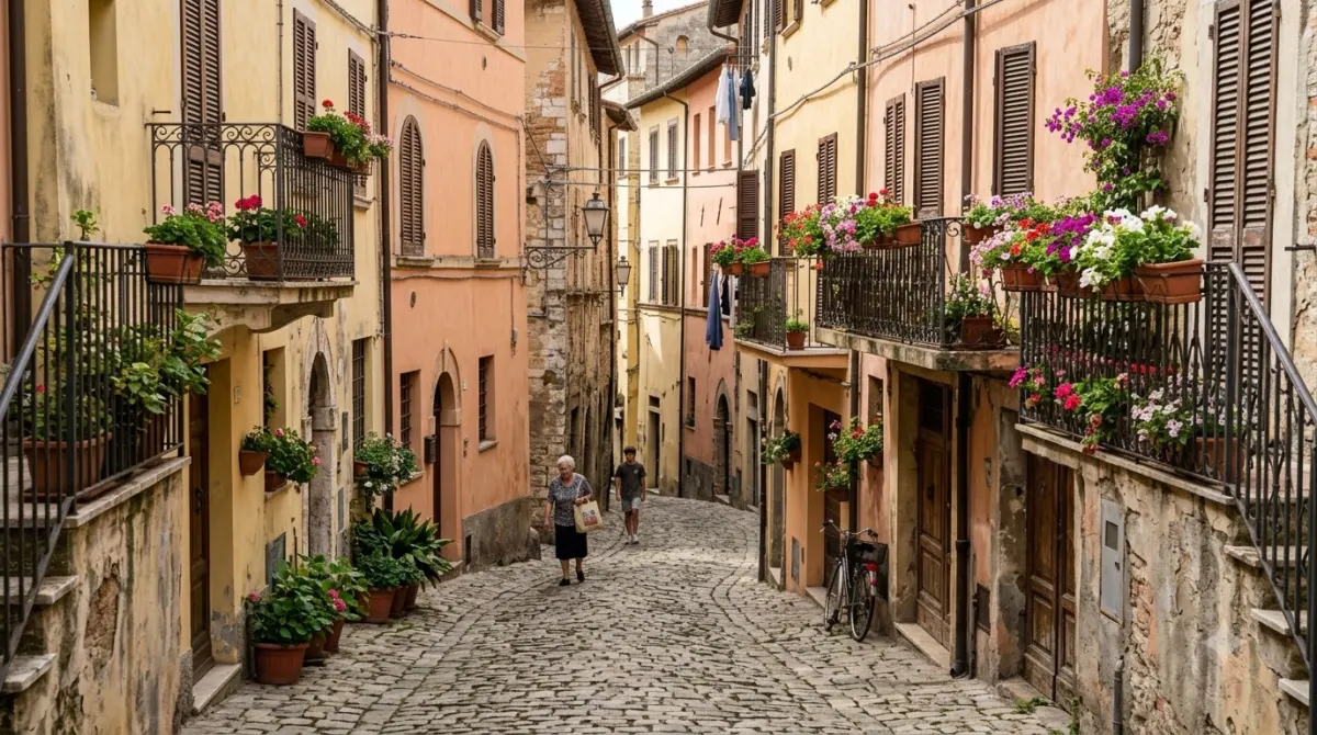 A narrow street of pastel buildings with iron balconies in the old town of Verona