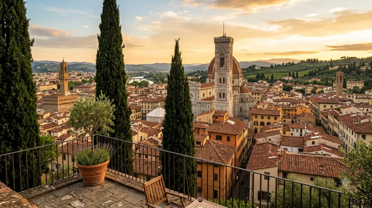 A view over the rooftops and church towers of Verona from a hillside terrace