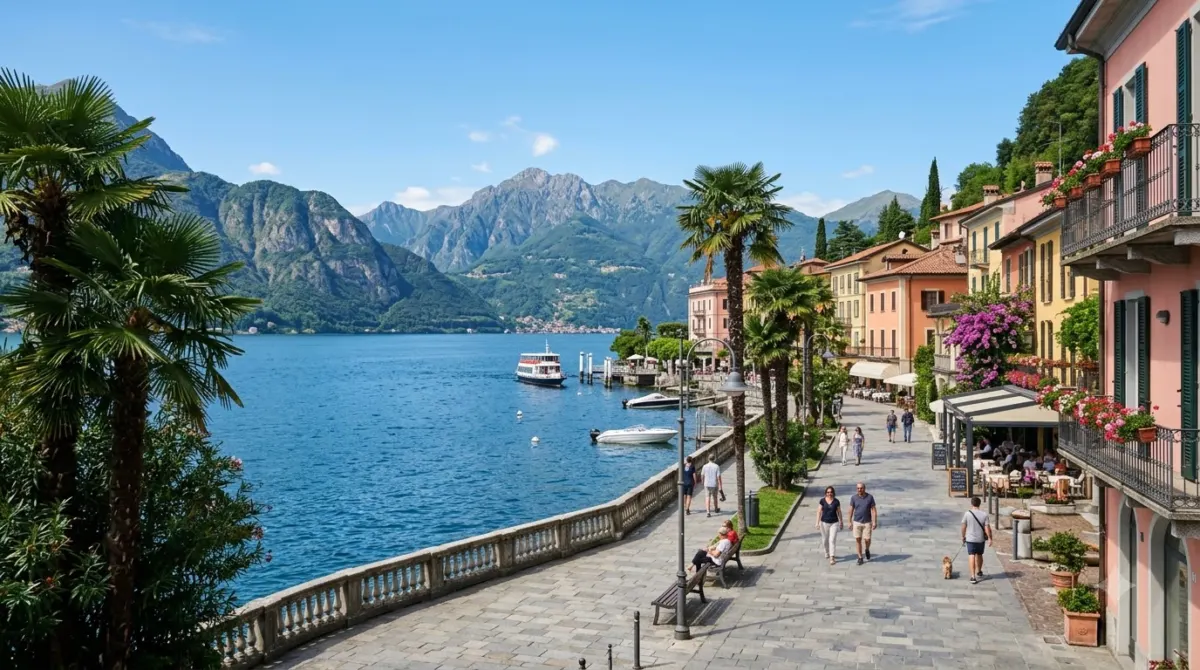 A lakefront promenade with palm trees and mountains behind Lake Garda in Italy