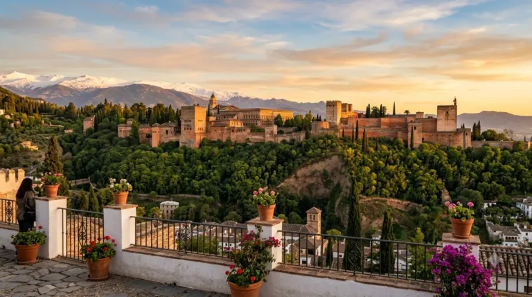 The Alhambra palace on its hill with the Sierra Nevada behind, seen from a viewpoint in the Albaicin