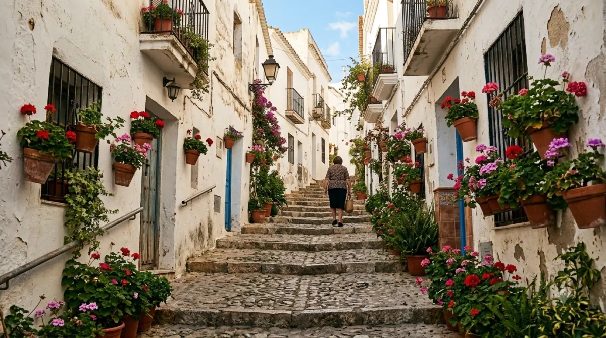 A steep cobbled whitewashed lane with stone steps and flowerpots in the Albaicin quarter of Granada