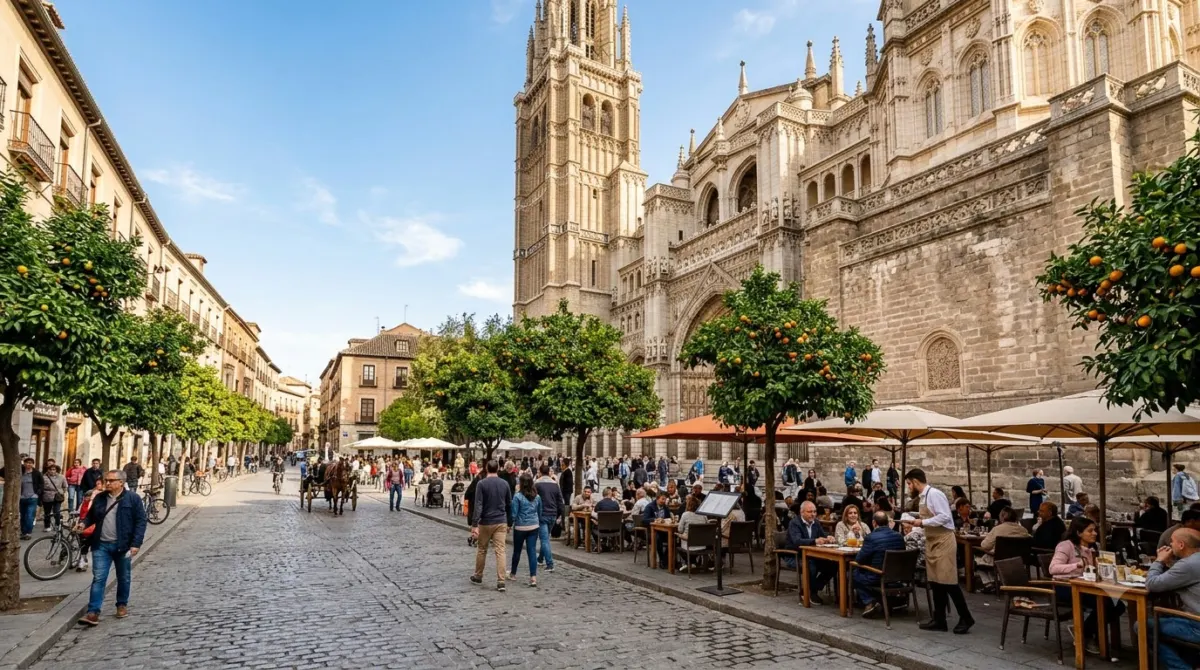A street beside Granada Cathedral with cafe tables and orange trees