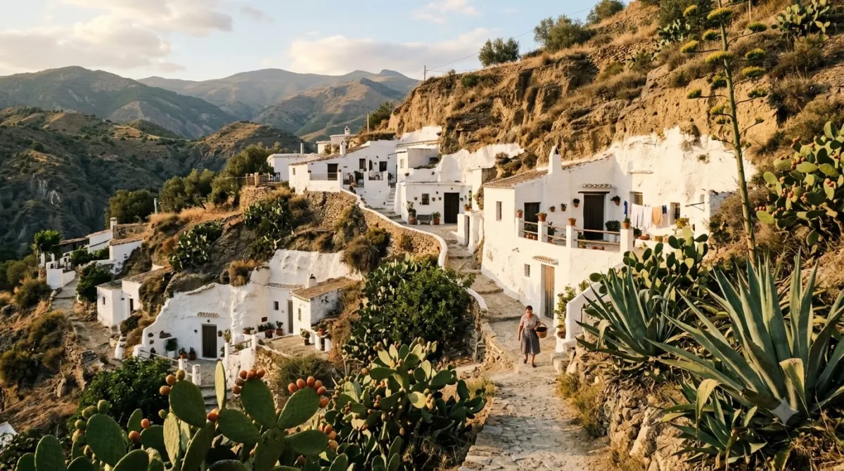 Whitewashed cave houses built into a dry hillside above Granada