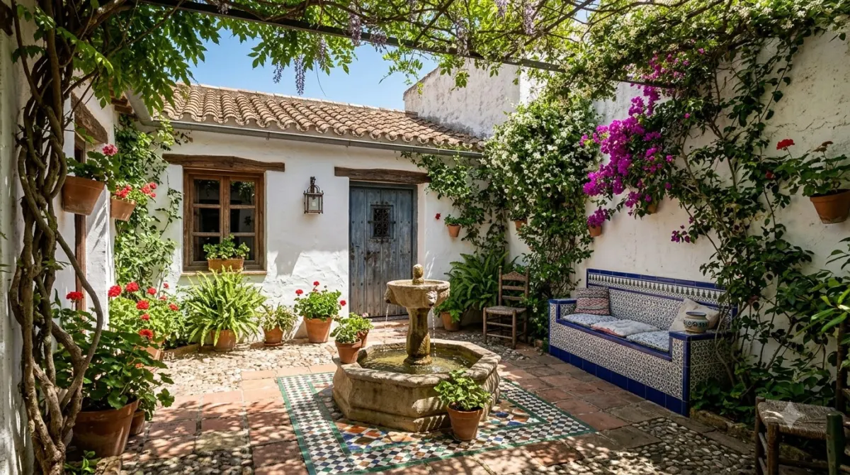 A small walled courtyard garden with a fountain and climbing vines beside a whitewashed house in Andalusia