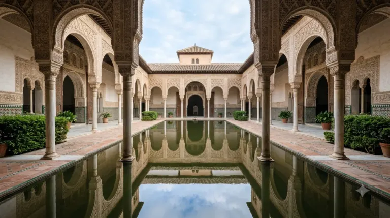 Carved plaster arches and columns reflected in a still pool in the Nasrid Palaces of the Alhambra