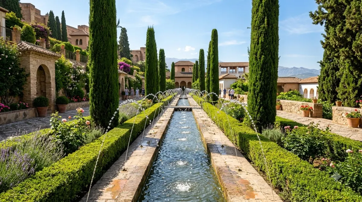 Arcing fountains along a narrow water channel between hedges in the Generalife gardens