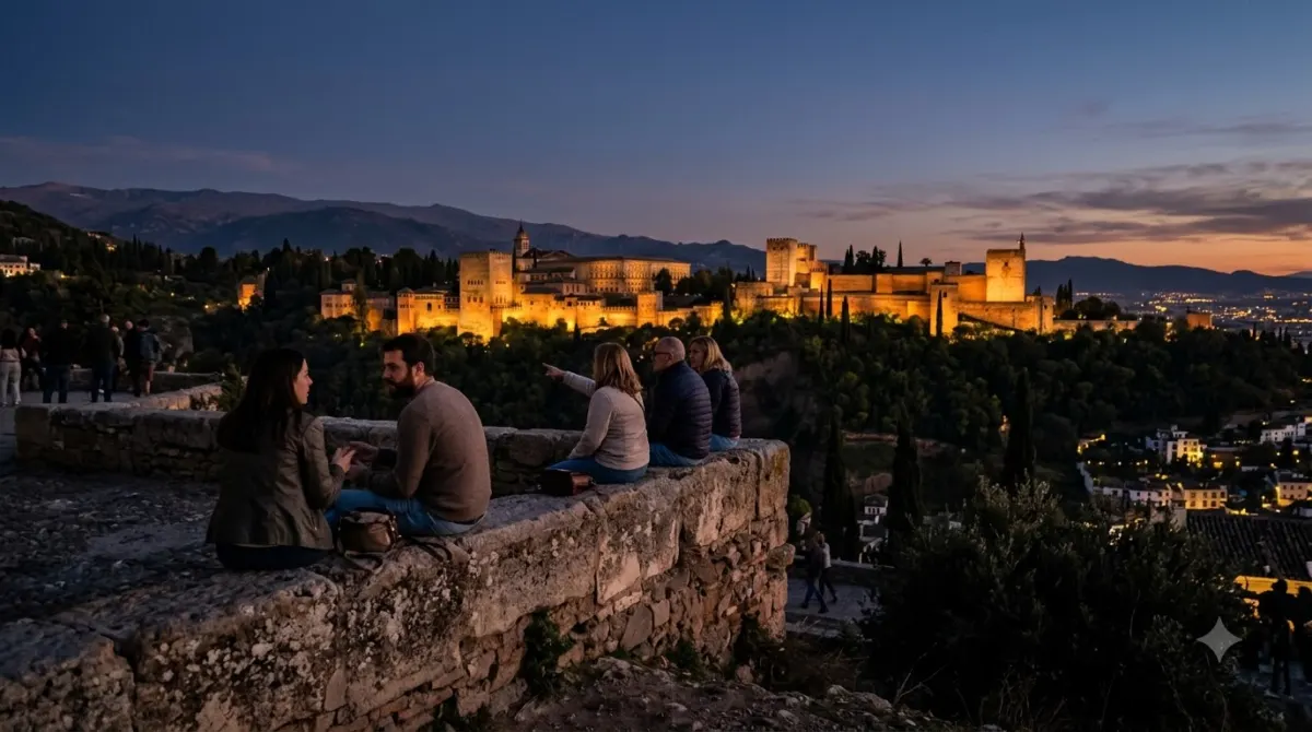 People at a hilltop viewpoint looking across to the floodlit Alhambra at dusk in Granada
