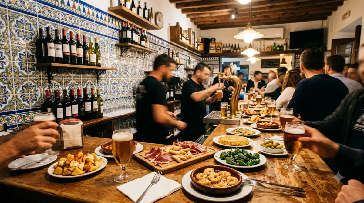 A busy tapas bar counter with small plates and drinks in Granada