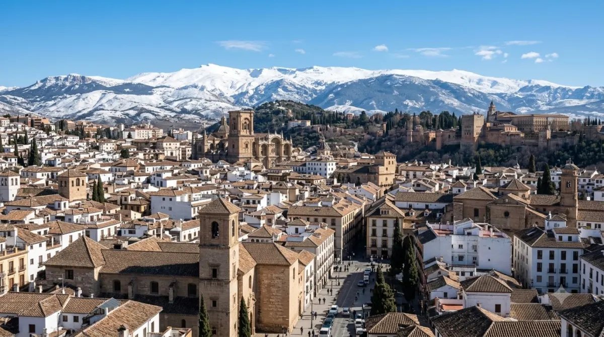 Snow-capped Sierra Nevada mountains rising behind the rooftops of Granada