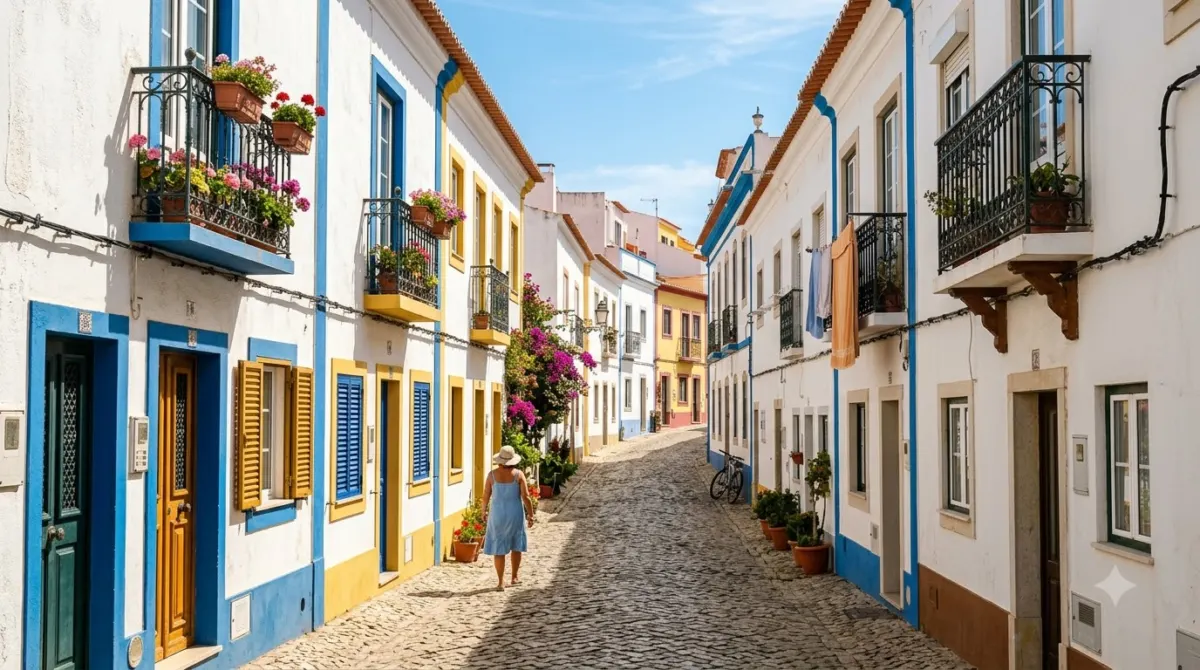 A narrow cobbled street of whitewashed buildings with coloured trim in Lagos, Portugal