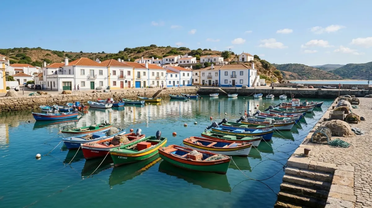 Small colourful fishing boats moored in a calm harbour with white buildings behind in the Algarve