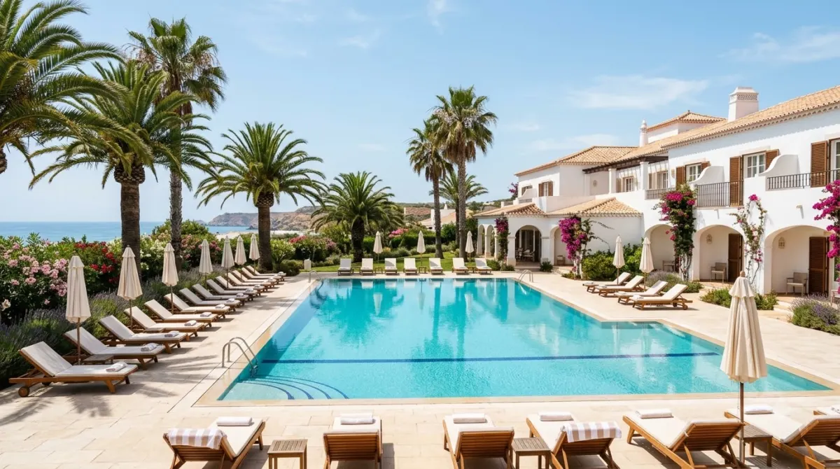 A large swimming pool with sun loungers and palm trees beside a resort building in the Algarve