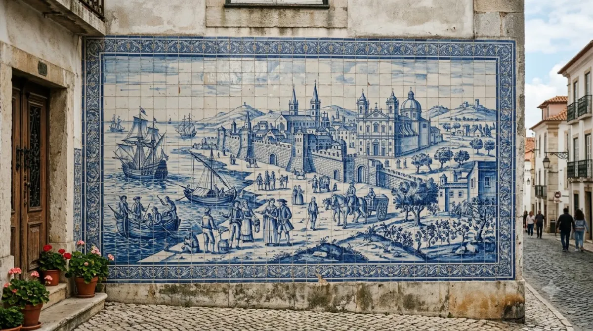 A wall of blue and white painted azulejo tiles in Porto