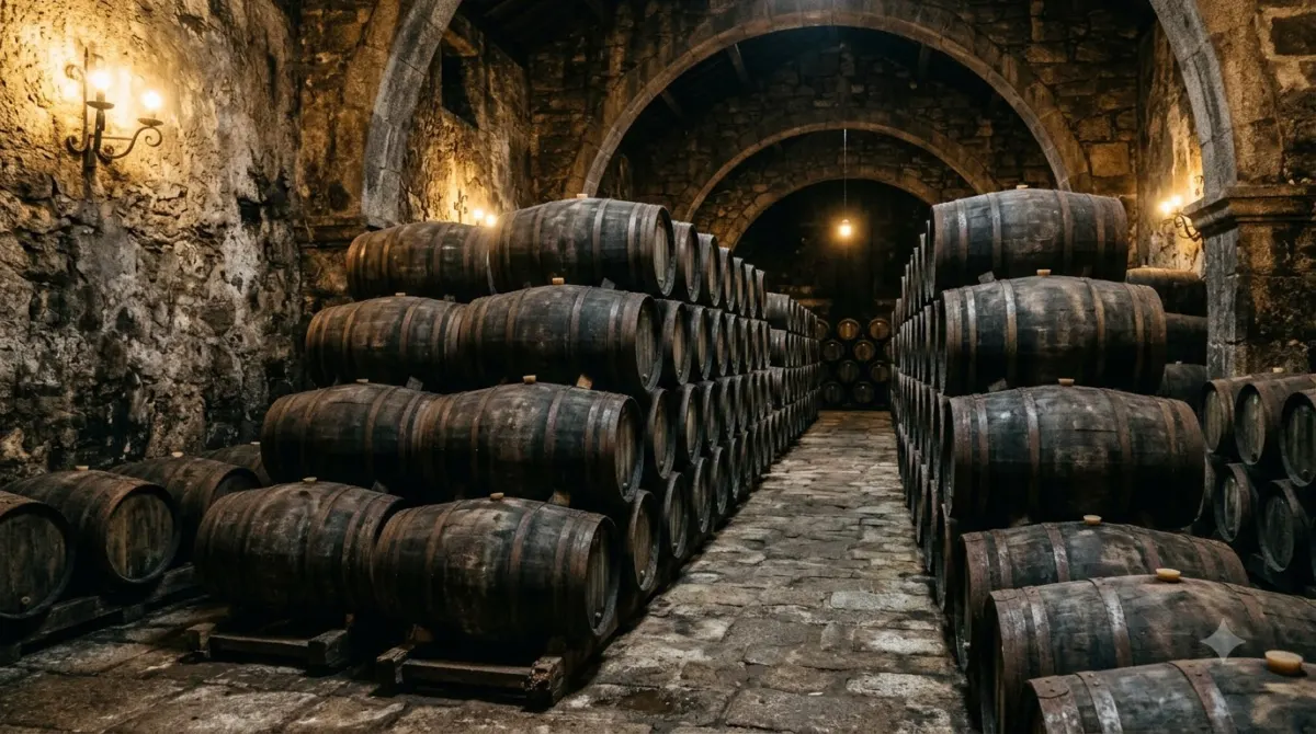 Rows of wooden port wine barrels in a dim stone cellar in Vila Nova de Gaia