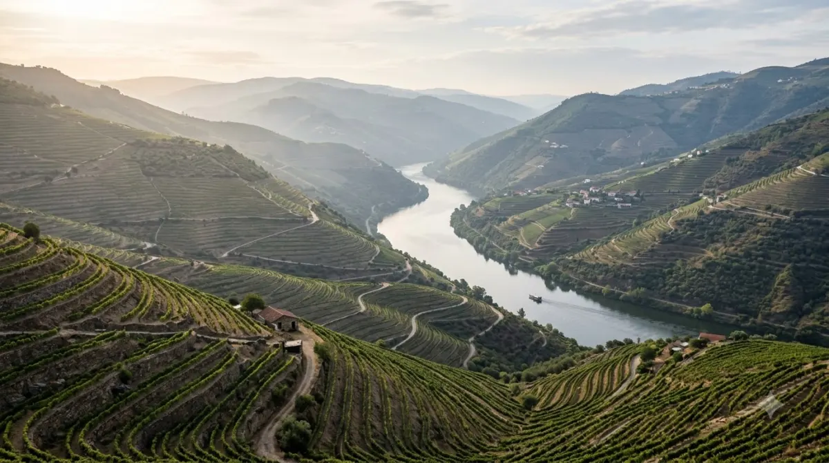 Steep terraced vineyards above a winding river in the Douro Valley, Portugal