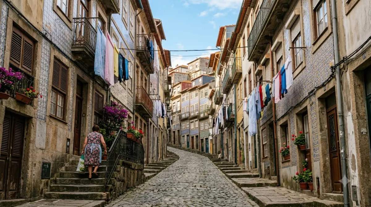 A narrow steep street of tall tiled houses with laundry hanging from the windows in Porto