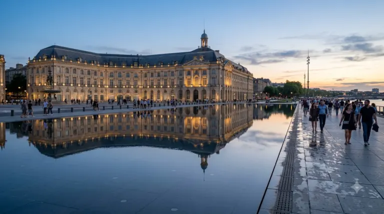 A shallow reflecting pool in front of the long limestone facade of Place de la Bourse in Bordeaux