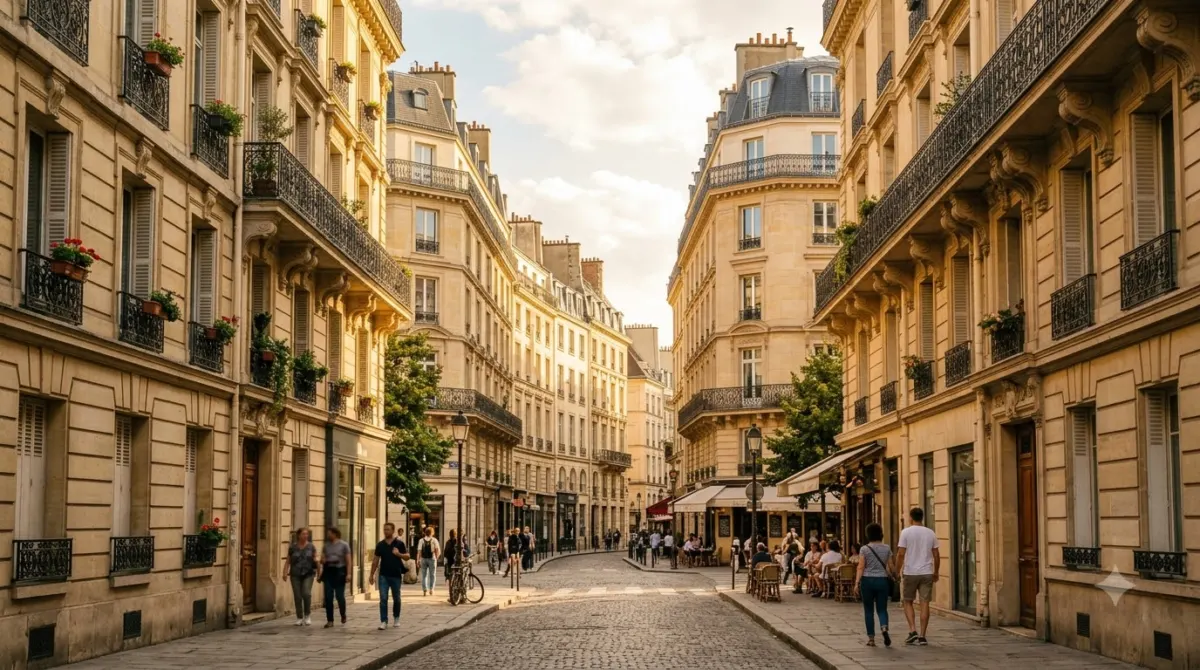 A street of uniform pale limestone buildings with wrought iron balconies in Bordeaux