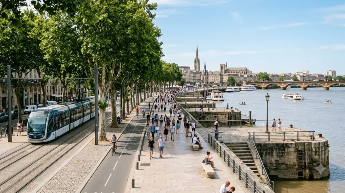 A riverside promenade with tram tracks and plane trees along the stone quays in Bordeaux
