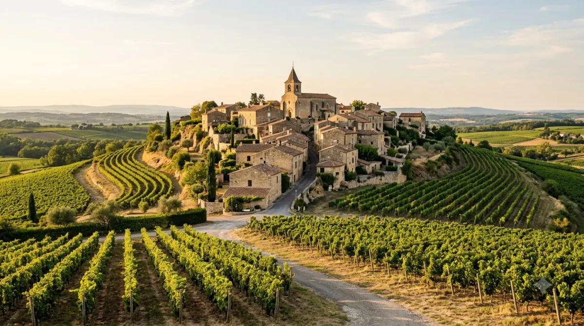 A stone village on a rise surrounded by vineyards at Saint-Emilion near Bordeaux