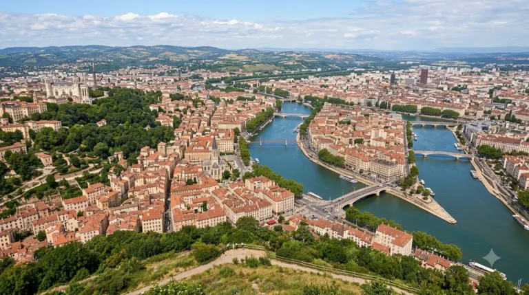 Lyon seen from Fourviere hill with two rivers converging and a basilica above the city