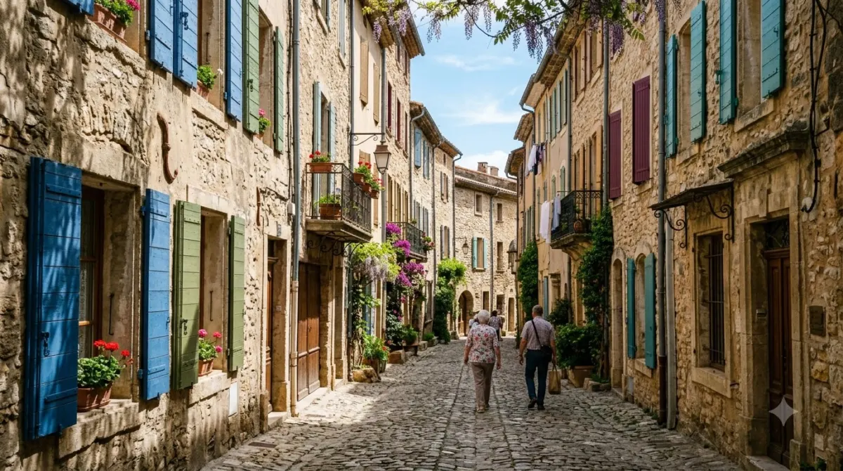 A narrow cobbled street of tall Renaissance buildings in Vieux Lyon