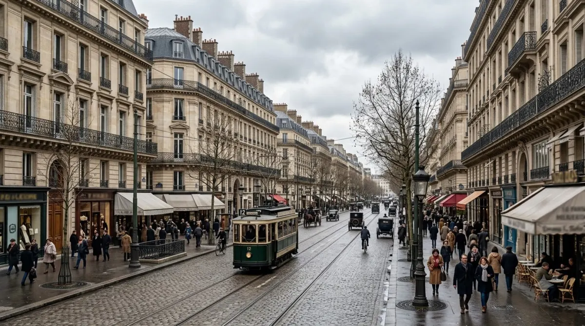 A wide boulevard of nineteenth century buildings with shops and a tram on the Presqu ile in Lyon