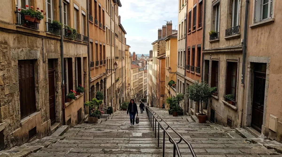 A long flight of stone steps climbing a steep hill between tall buildings in Croix-Rousse, Lyon
