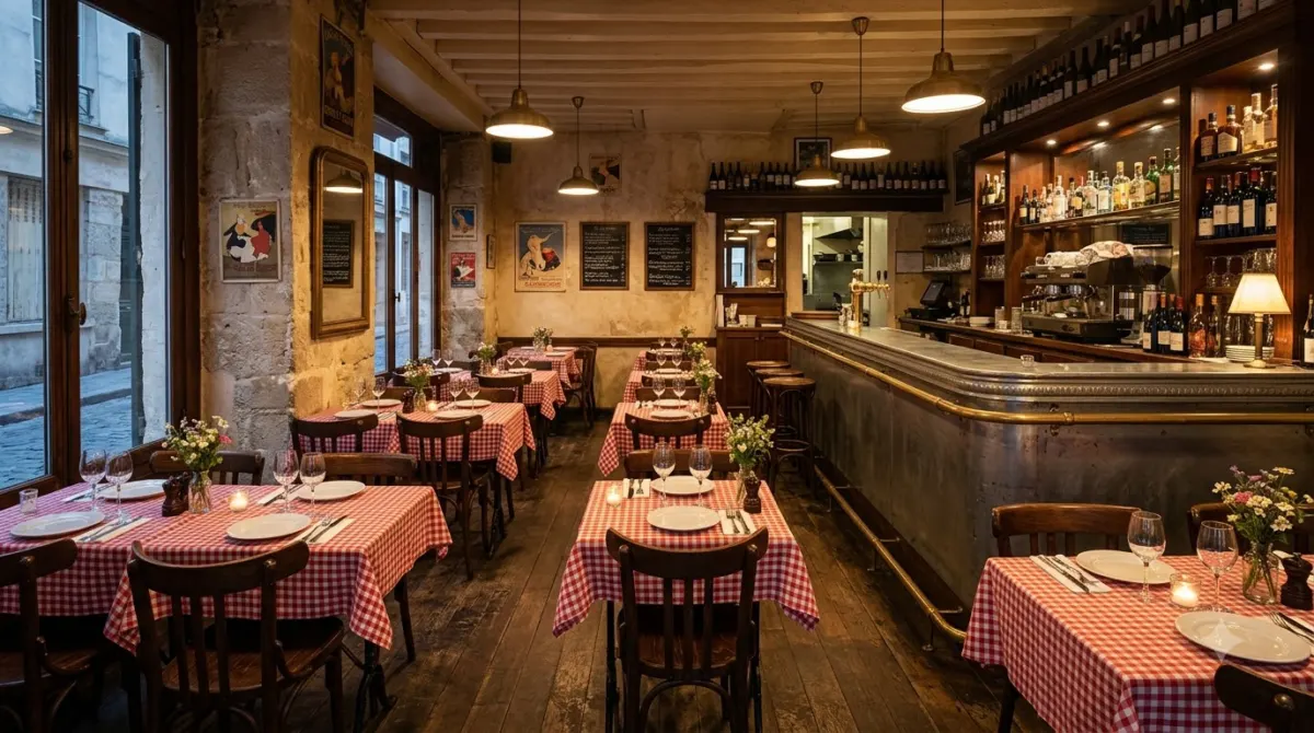 The interior of a traditional Lyon bouchon restaurant with checked tablecloths and a zinc bar