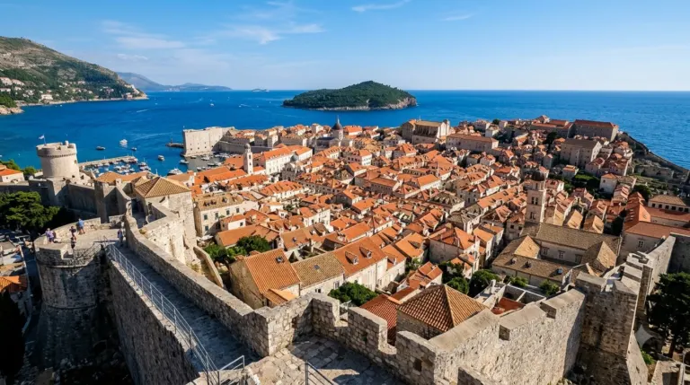 The terracotta rooftops of Dubrovnik old town seen from the city walls above the Adriatic