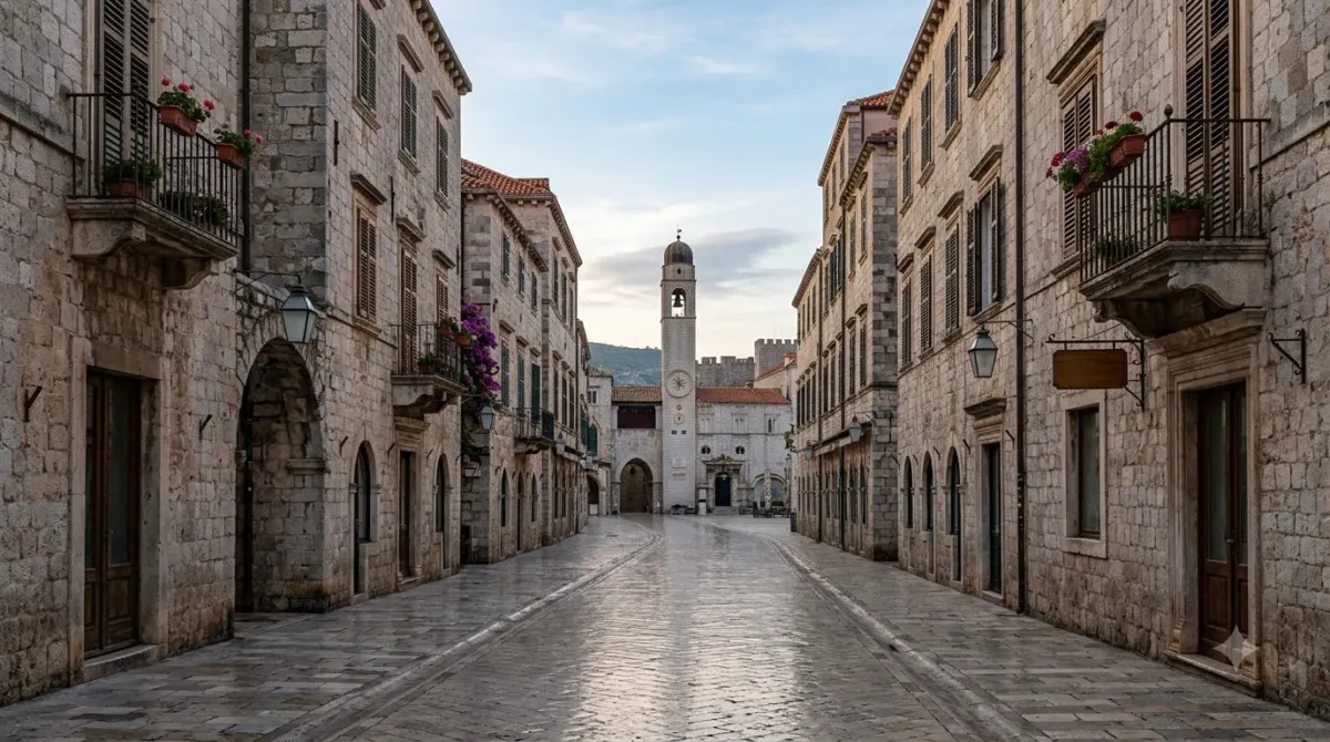 The polished limestone Stradun running between stone buildings in Dubrovnik old town