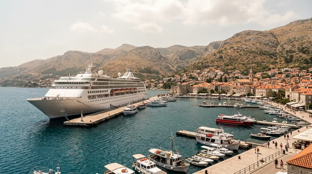 A large cruise ship moored in a harbour below dry hills near Dubrovnik