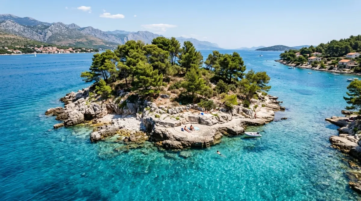 Pine trees and rocky swimming ledges in clear water on Lokrum island near Dubrovnik