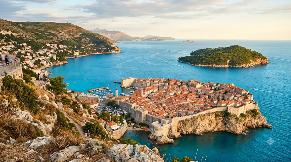 A view down onto the walled town of Dubrovnik and the Adriatic from Mount Srd