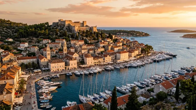 The harbour of Hvar Town with yachts and a fortress on the hill above, Croatia