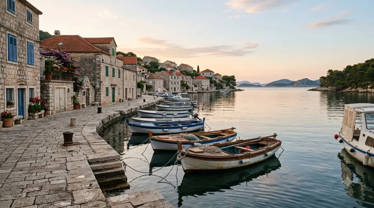 A quiet stone waterfront with small boats and shuttered houses in Stari Grad, Croatia