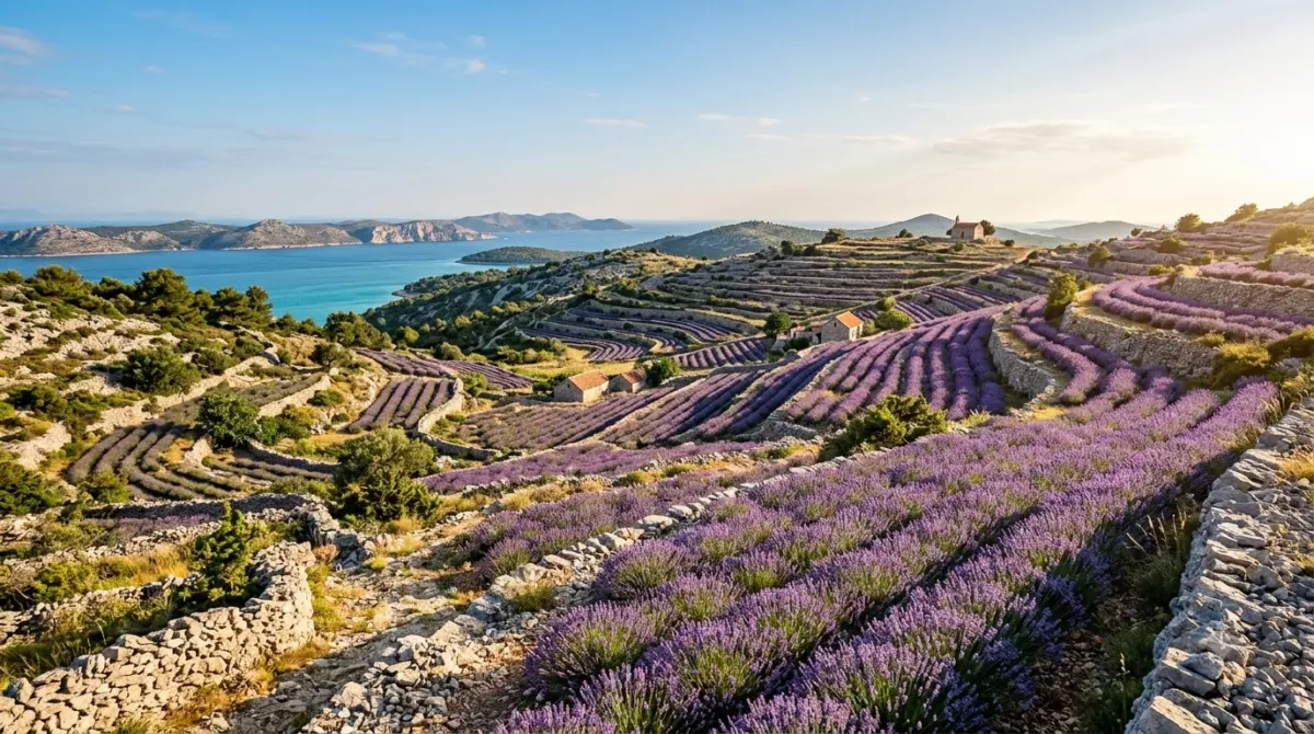 Rows of lavender on dry stone terraced hillsides on Hvar island, Croatia