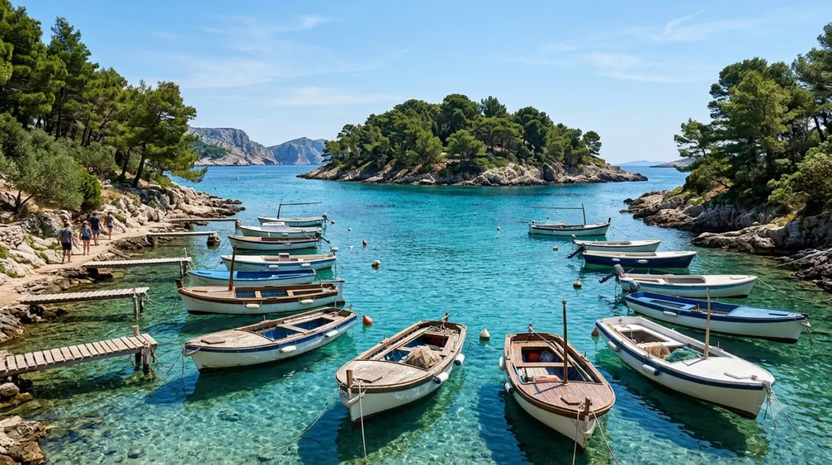 Small boats moored in a clear turquoise cove beside pine covered islets off Hvar, Croatia