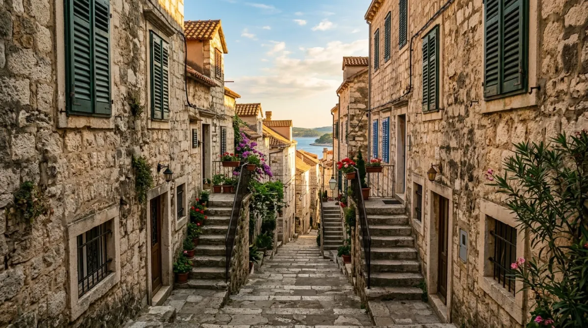 A narrow stone alley with steps between old buildings in Hvar old town, Croatia