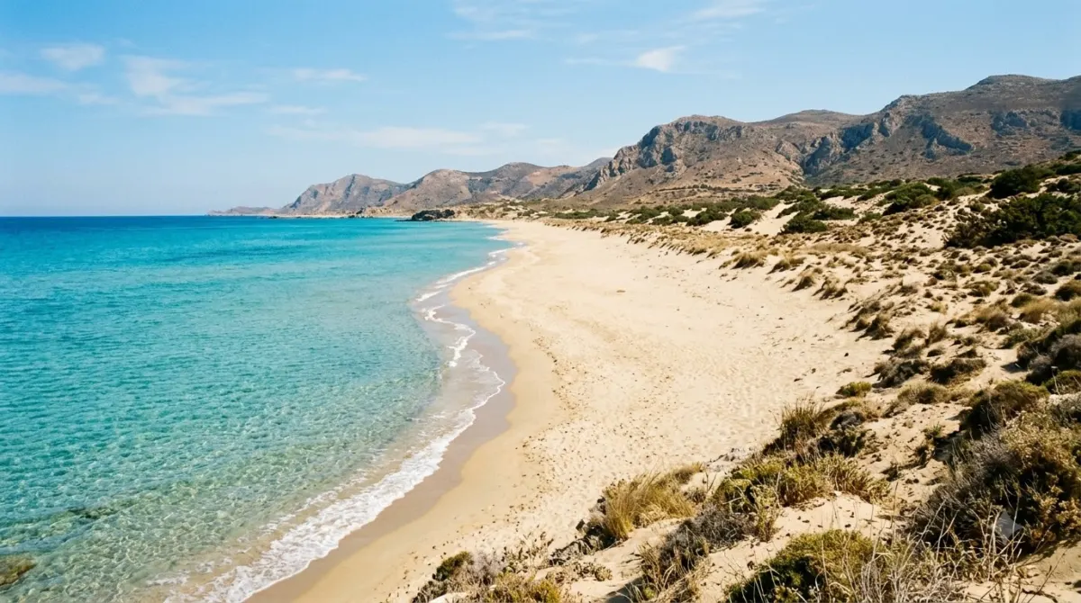 A long empty sandy beach with shallow turquoise water on Naxos, Greece