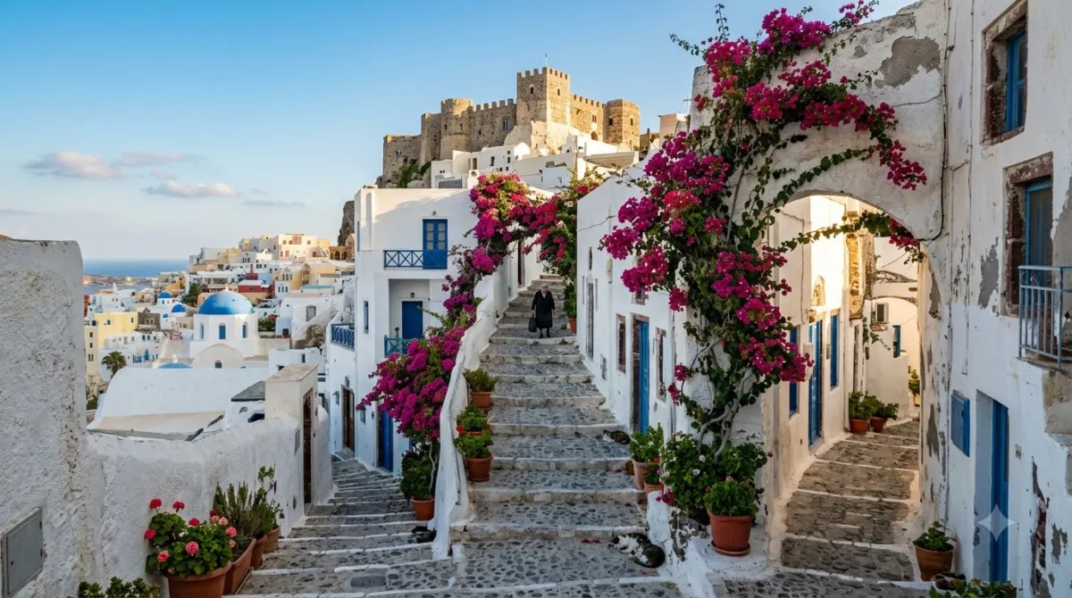 Narrow whitewashed lanes with steps climbing to the castle quarter of Naxos Chora, Greece