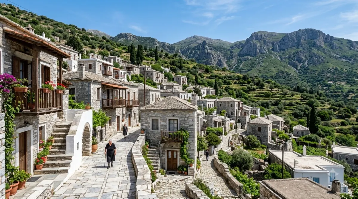 A stone village with marble lanes on a green mountainside in the interior of Naxos, Greece