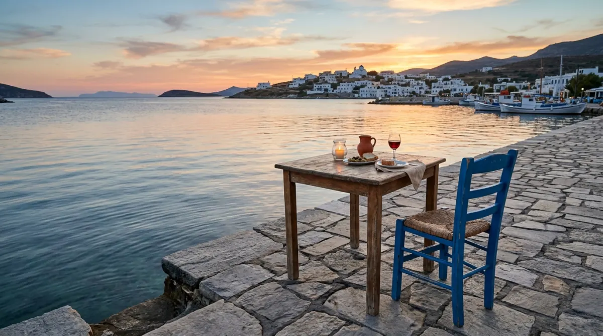 A simple taverna table and blue chair on a stone waterfront beside calm sea on a Greek island
