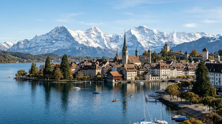 Lake Zurich with the old town spires behind it and distant snowy mountains, Switzerland