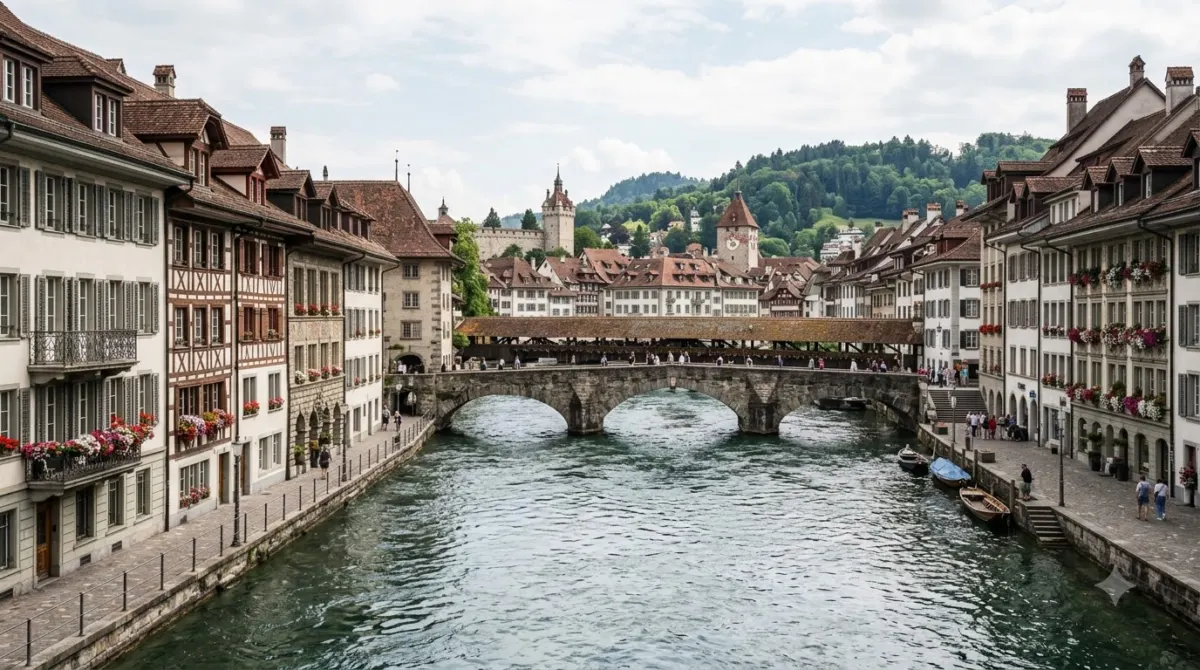 The Limmat river running between old guild houses with a stone bridge in Zurich