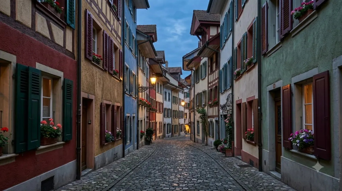 A narrow cobbled lane of tall painted houses in the Niederdorf old town of Zurich